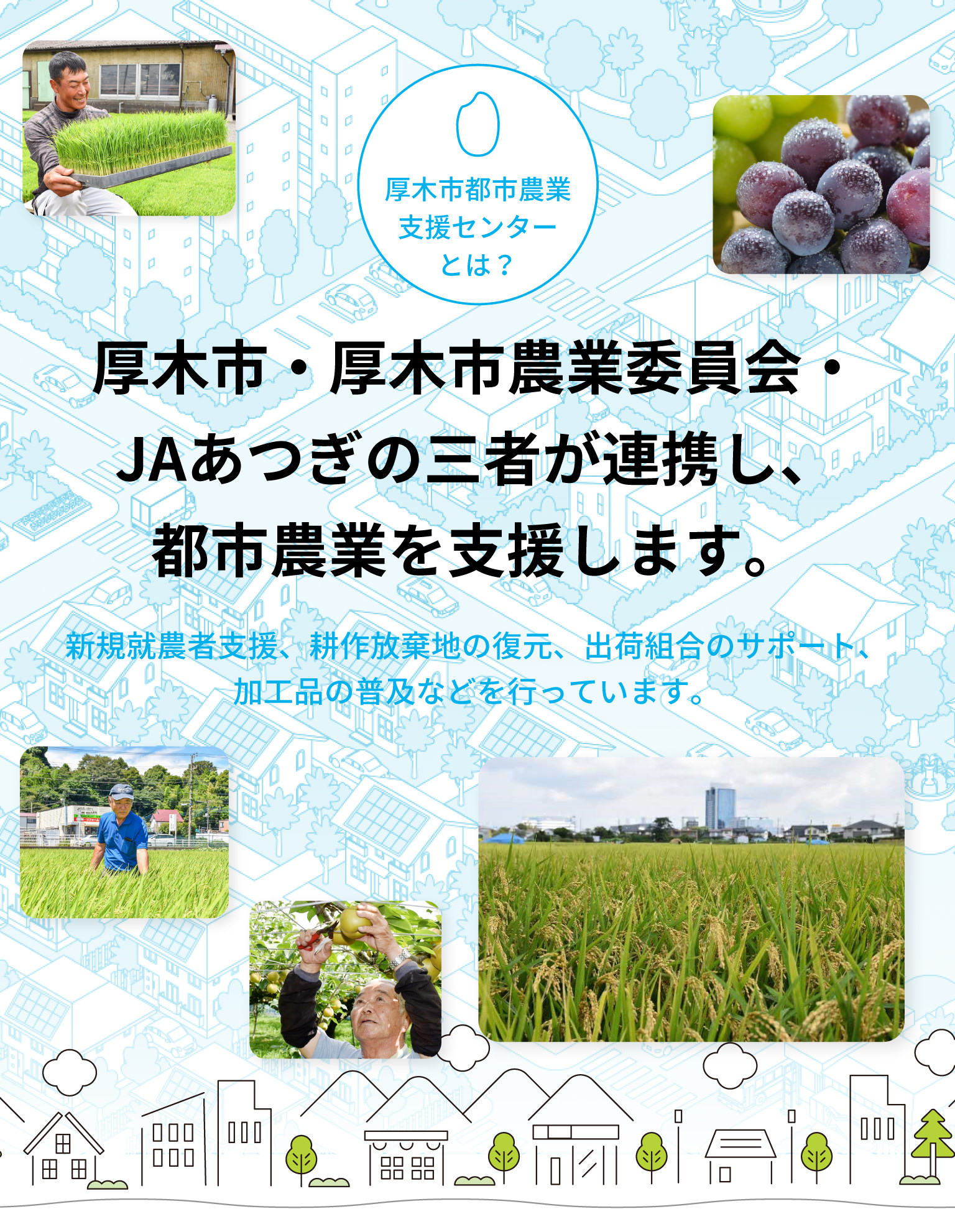 厚木市都市農業支援センターとは？　厚木市・厚木市農業委員会・JAあつぎの三者が提携し、都市農業を支援します。